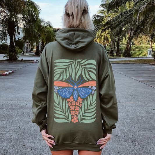 Tropical Butterfly and Palm Design, Boho Print Hoodie