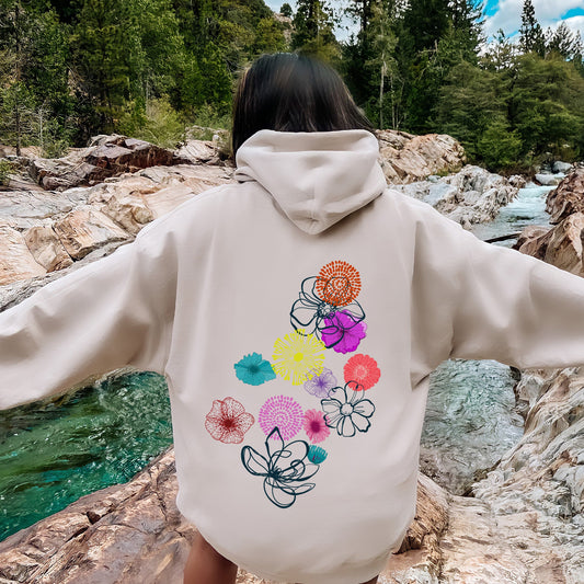 Floral Outlines, Leaves, Flowers, Colorful Hoodie