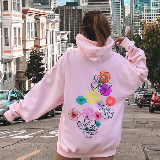 Floral Outlines, Leaves, Flowers, Colorful Hoodie