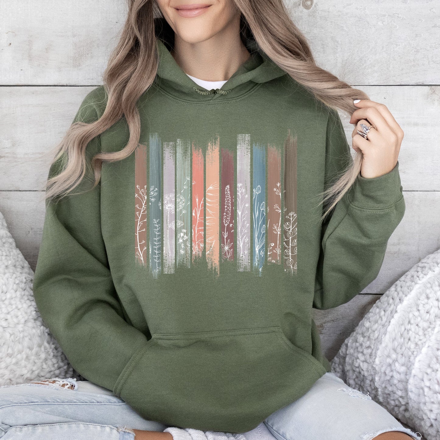 Wildflowers, Nature, Floral, Botanical Stripes Hoodie
