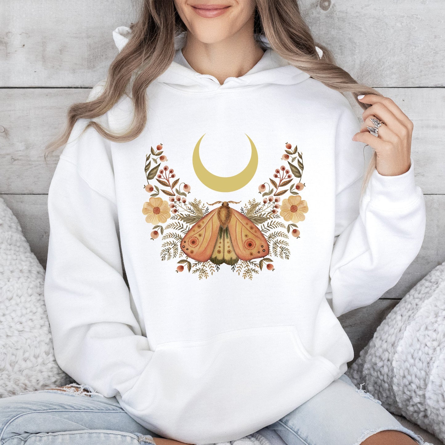 Mystical Moth and Moon, Enchanted Floral Night Sky Hoodie