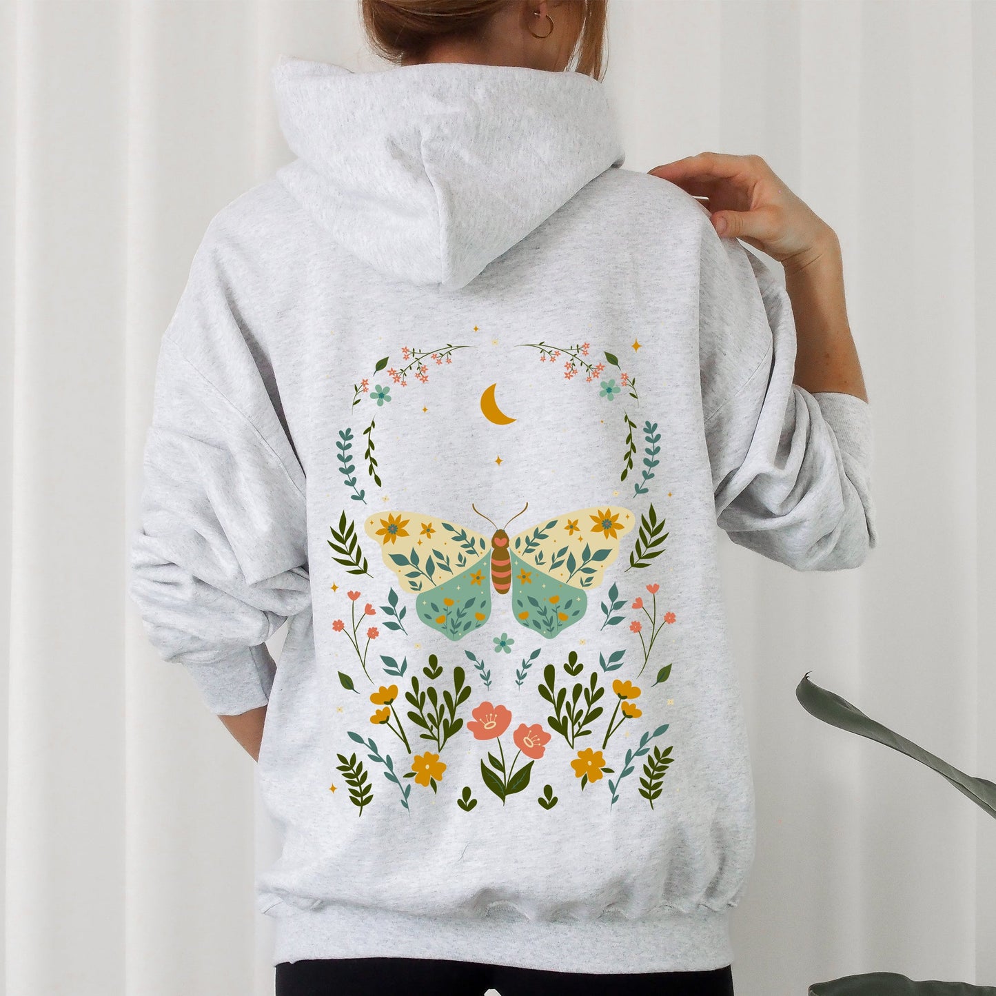 Twilight Flora and Fauna, Moon, Moth, and Flower Hoodie