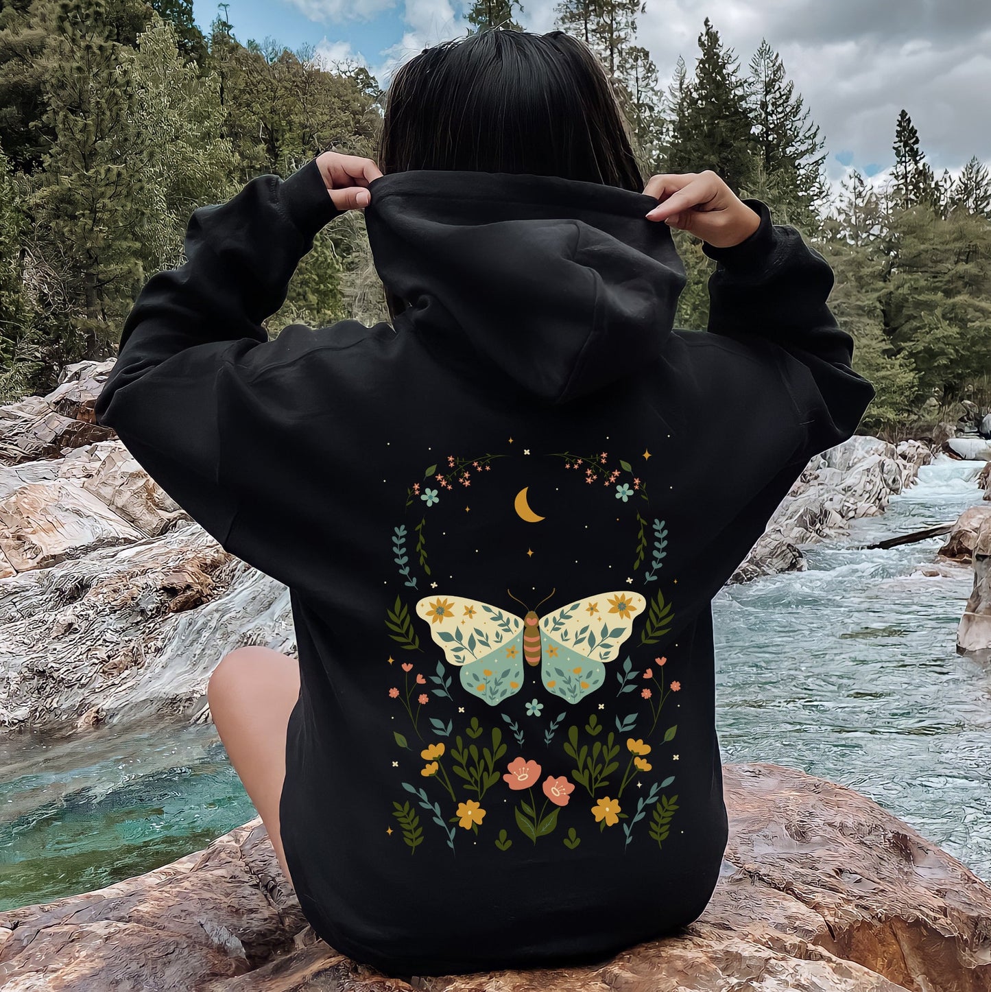 Twilight Flora and Fauna, Moon, Moth, and Flower Hoodie