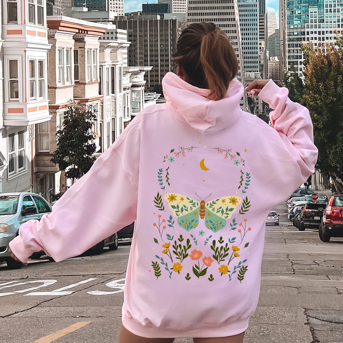 Twilight Flora and Fauna, Moon, Moth, and Flower Hoodie