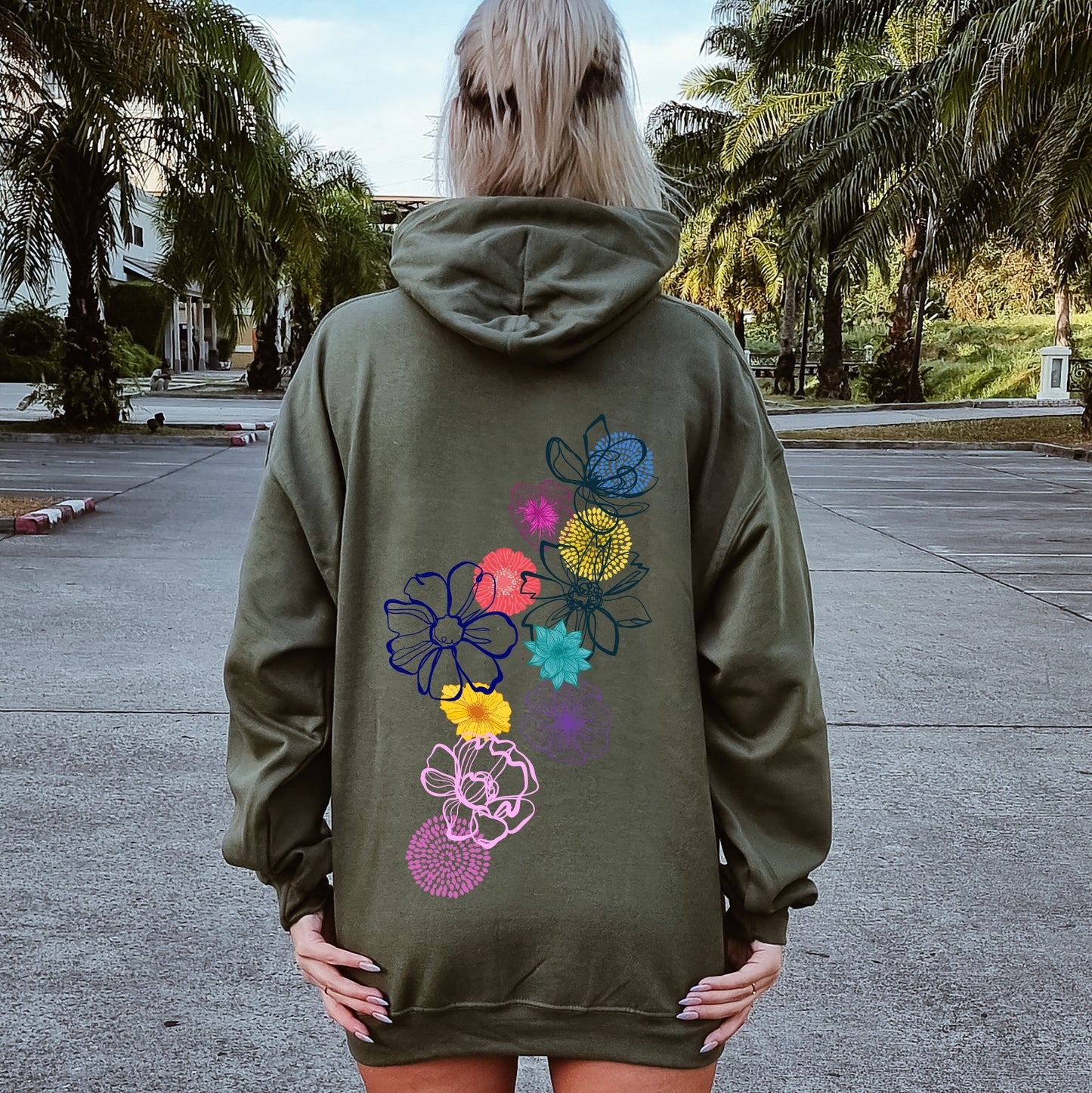 Floral Outlines, Leaves, Flowers, Colorful Hoodie