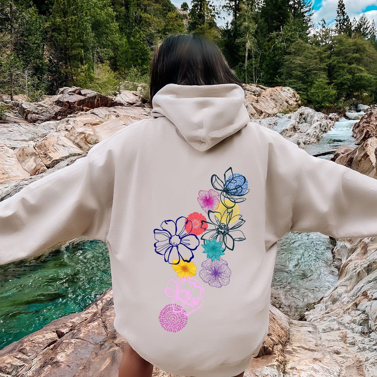 Floral Outlines, Leaves, Flowers, Colorful Hoodie