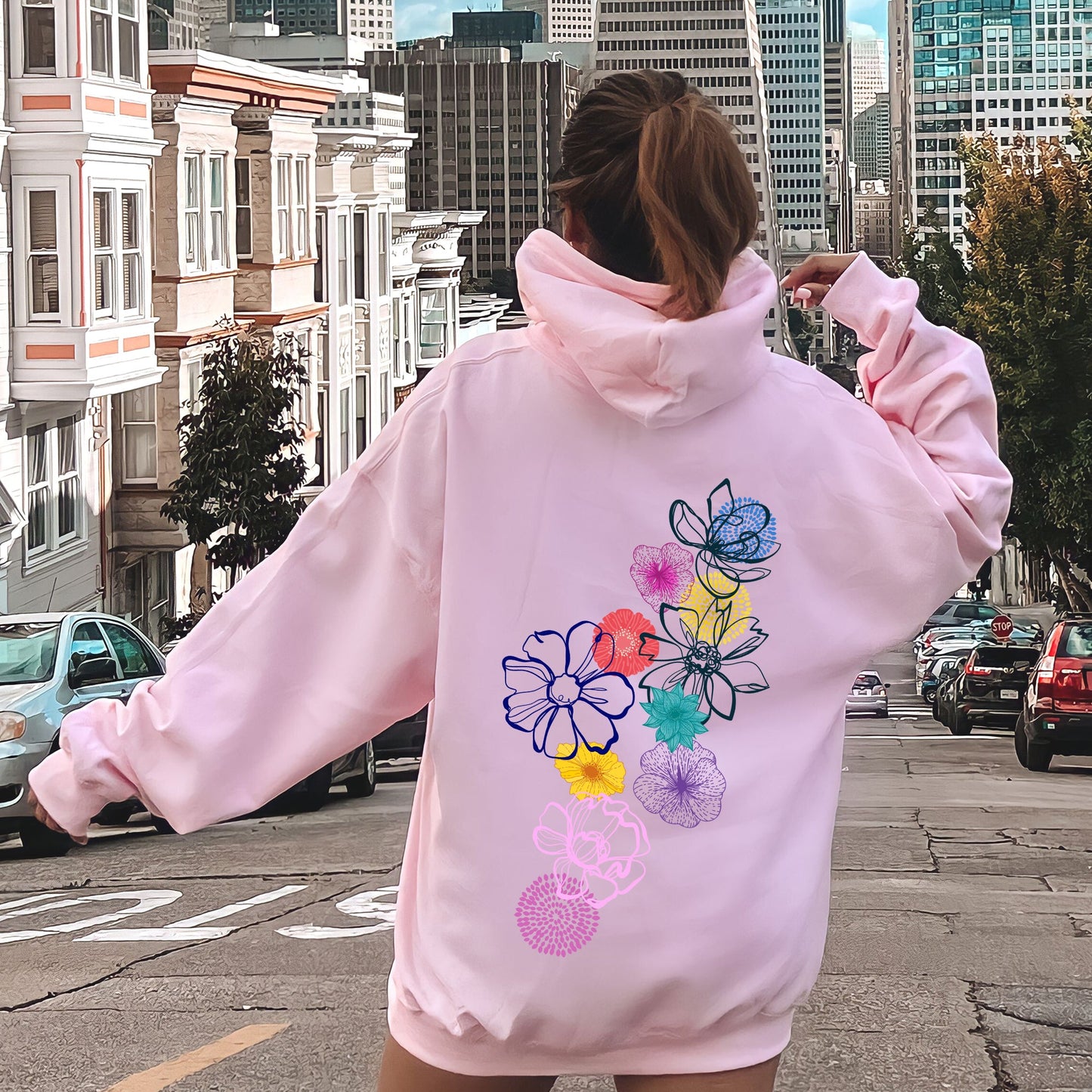 Floral Outlines, Leaves, Flowers, Colorful Hoodie