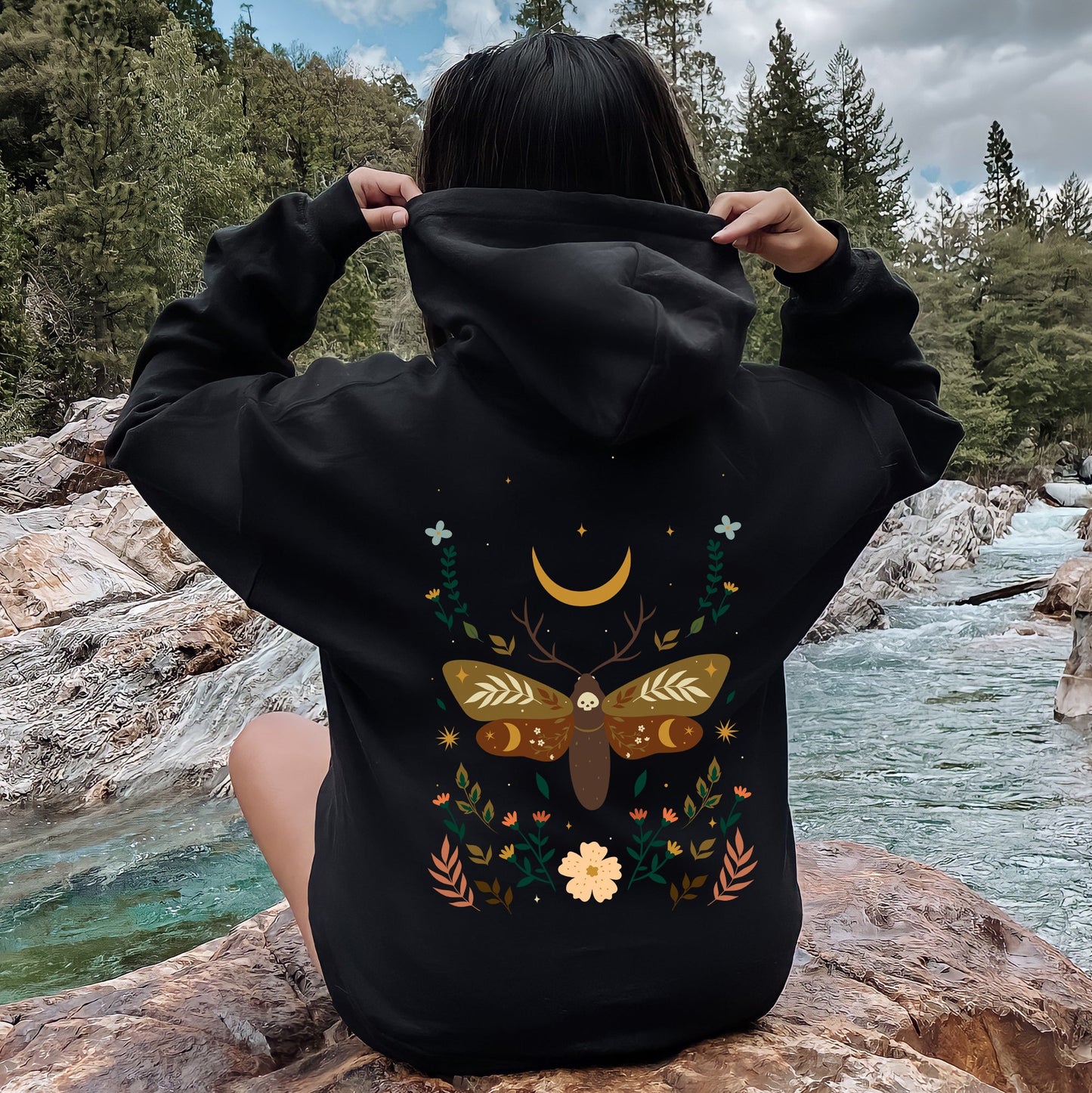 Enchanted Moth Garden, Floral Print Hoodie