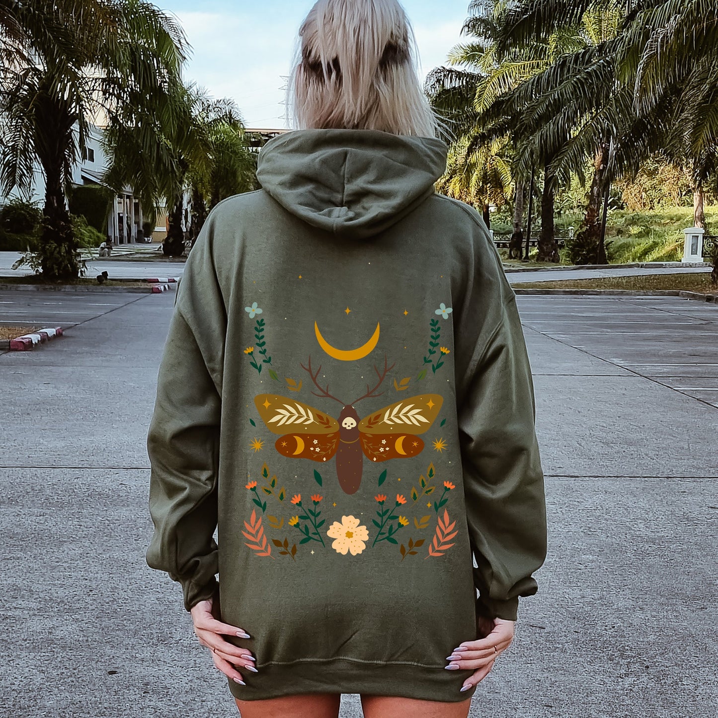 Enchanted Moth Garden, Floral Print Hoodie