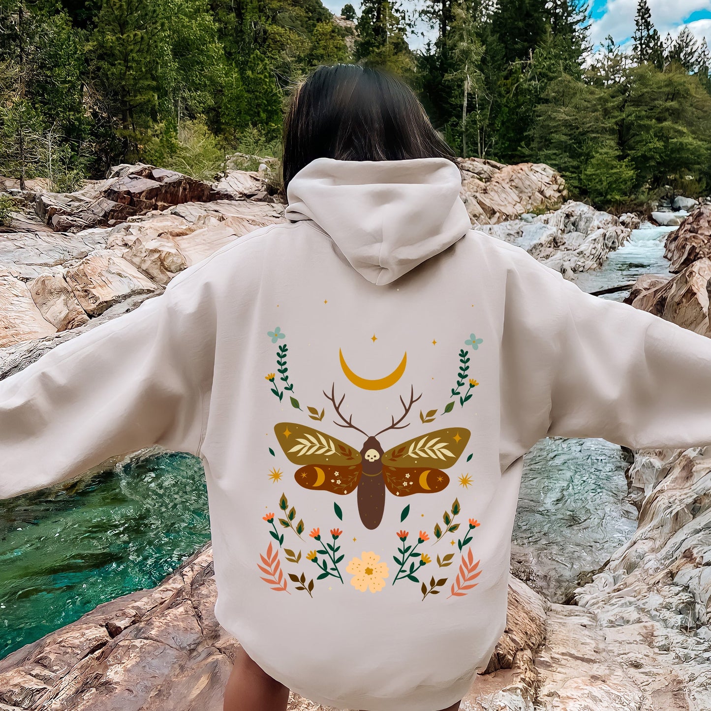 Enchanted Moth Garden, Floral Print Hoodie