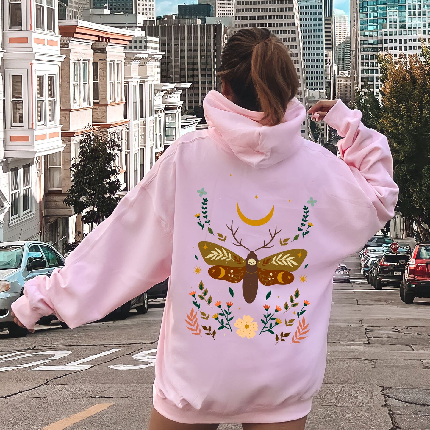 Enchanted Moth Garden, Floral Print Hoodie