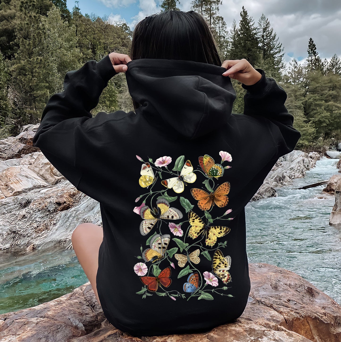 Butterfly Garden, Vibrant Floral and Butterfly Print Hoodie