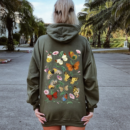 Butterfly Garden, Vibrant Floral and Butterfly Print Hoodie