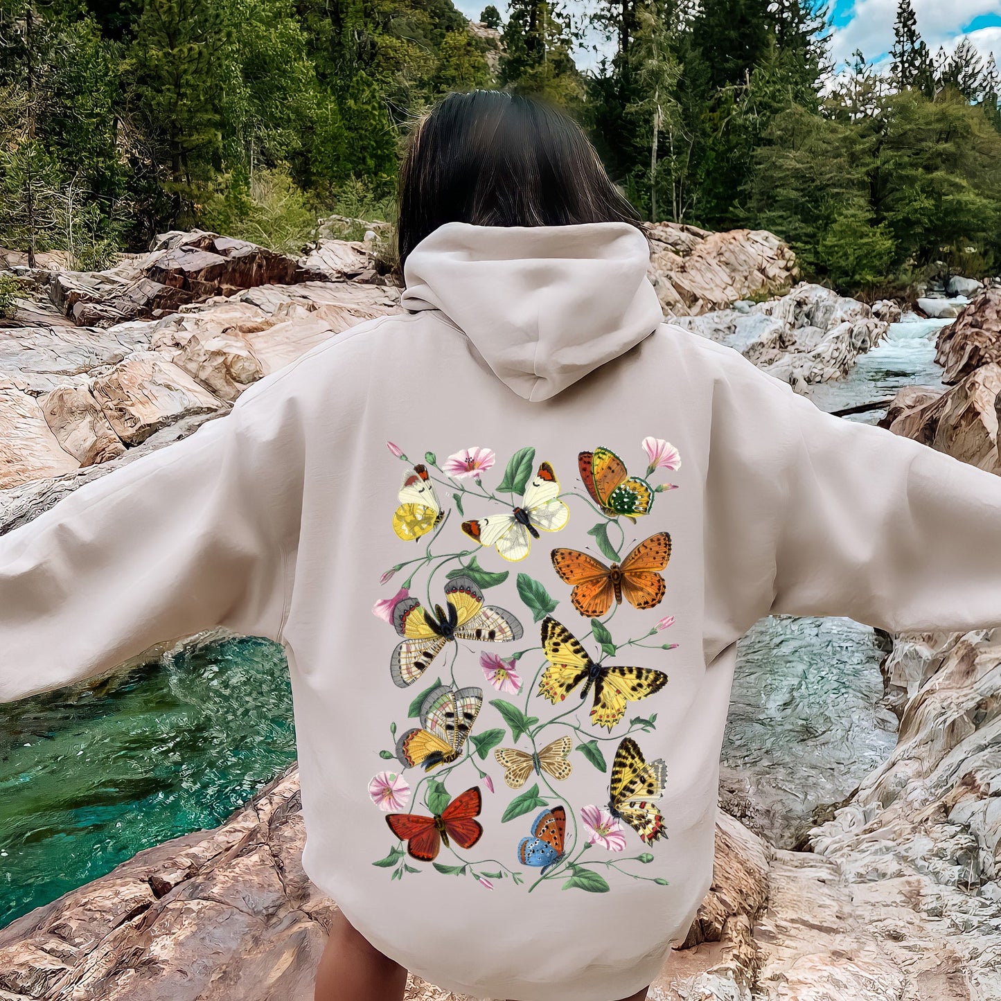 Butterfly Garden, Vibrant Floral and Butterfly Print Hoodie