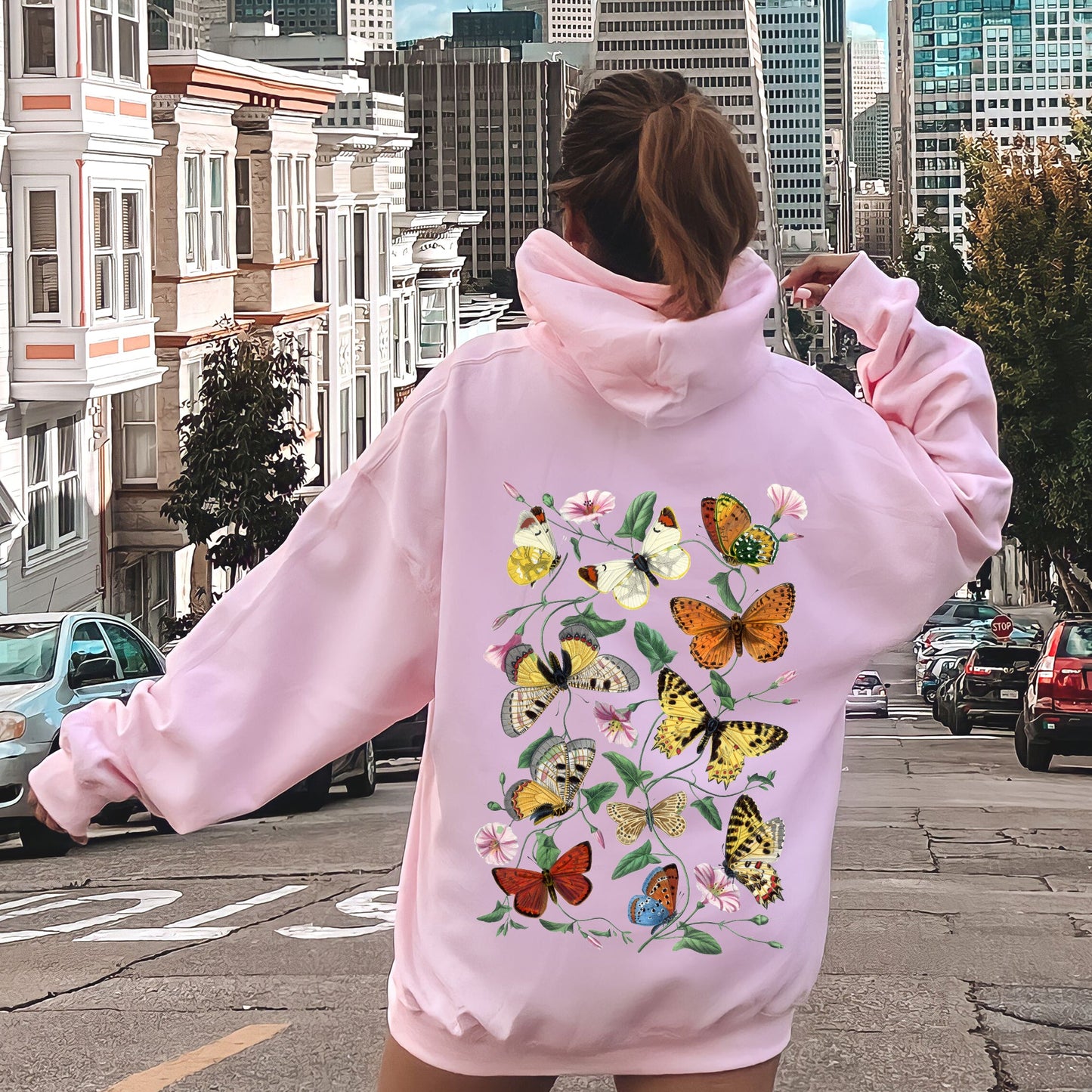 Butterfly Garden, Vibrant Floral and Butterfly Print Hoodie