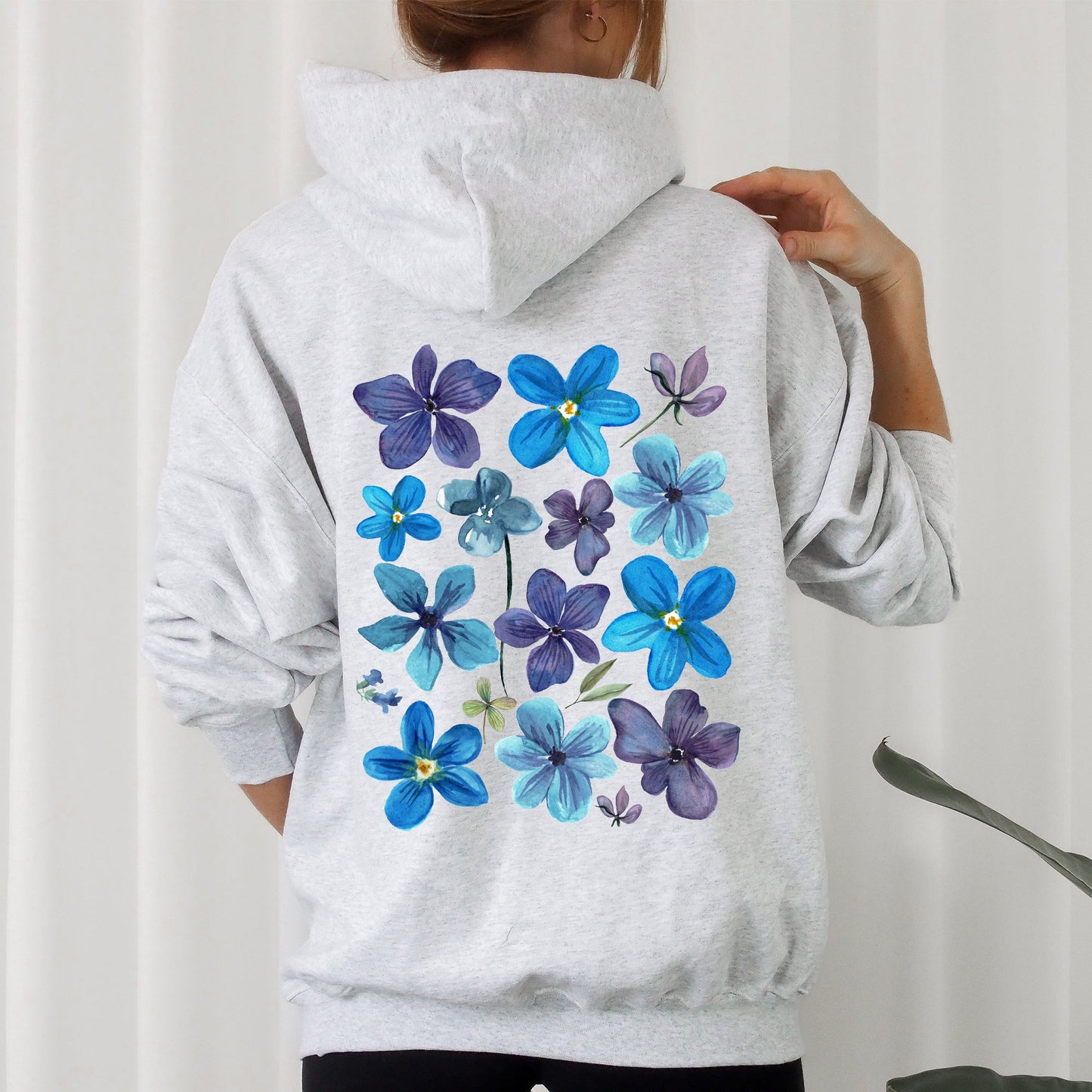 Bold Floral Blues, Pressed Flowers, Nature Hoodie