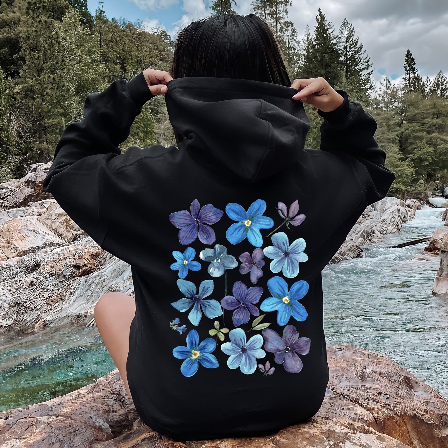 Bold Floral Blues, Pressed Flowers, Nature Hoodie
