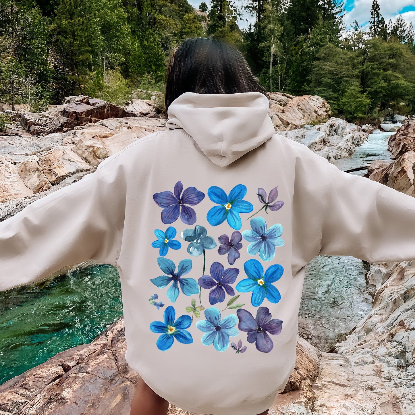 Bold Floral Blues, Pressed Flowers, Nature Hoodie