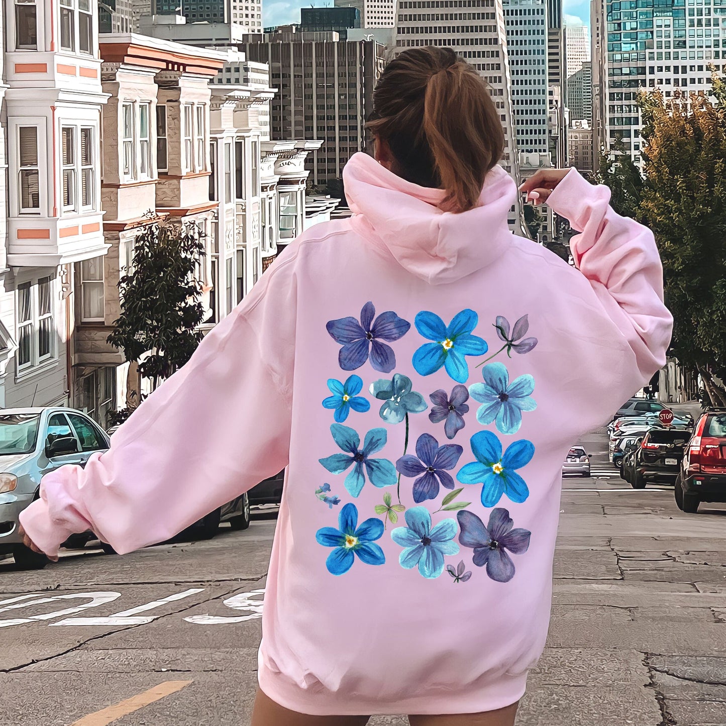 Bold Floral Blues, Pressed Flowers, Nature Hoodie