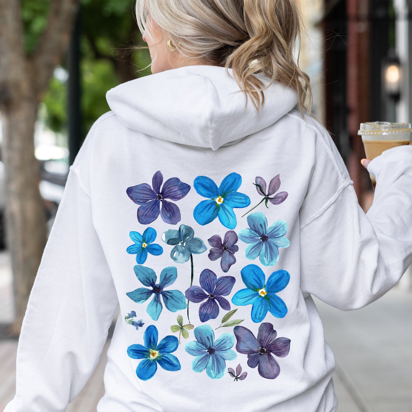 Bold Floral Blues, Pressed Flowers, Nature Hoodie
