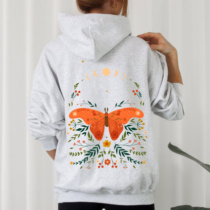 Celestial Garden Tale, Moth, Moon, and Flowers Hoodie