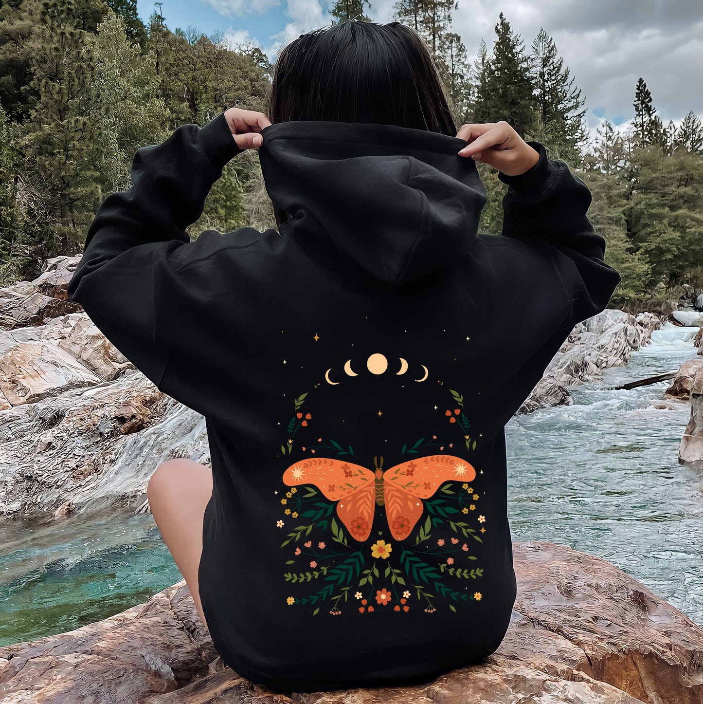 Celestial Garden Tale, Moth, Moon, and Flowers Hoodie