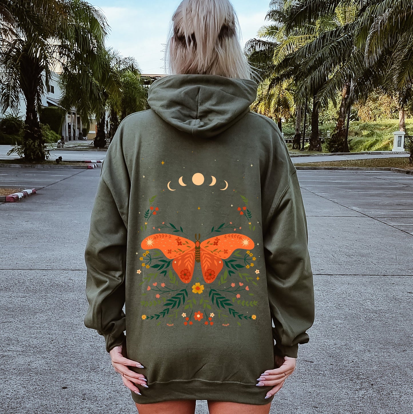 Celestial Garden Tale, Moth, Moon, and Flowers Hoodie
