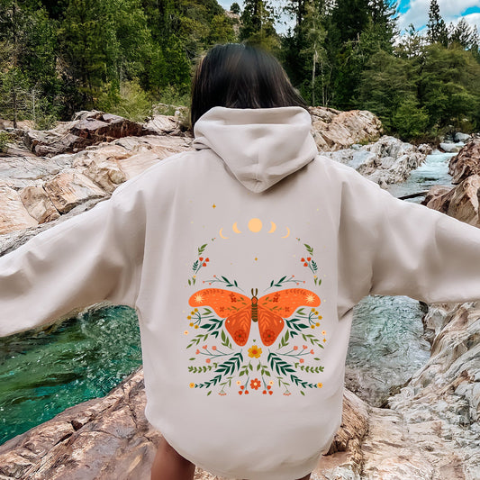 Celestial Garden Tale, Moth, Moon, and Flowers Hoodie