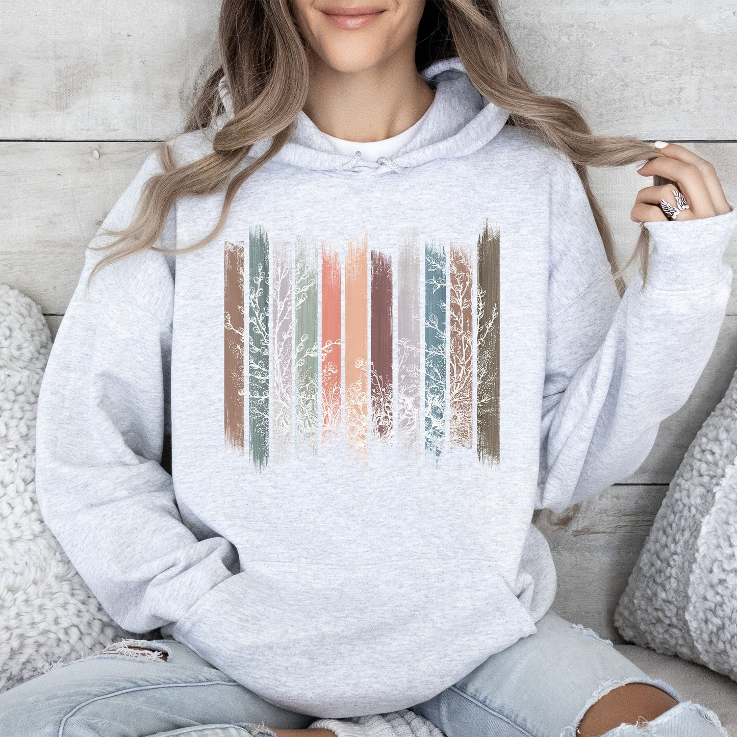 Meadow Vines, Flowers, Nature, Botanical Stripes Hoodie
