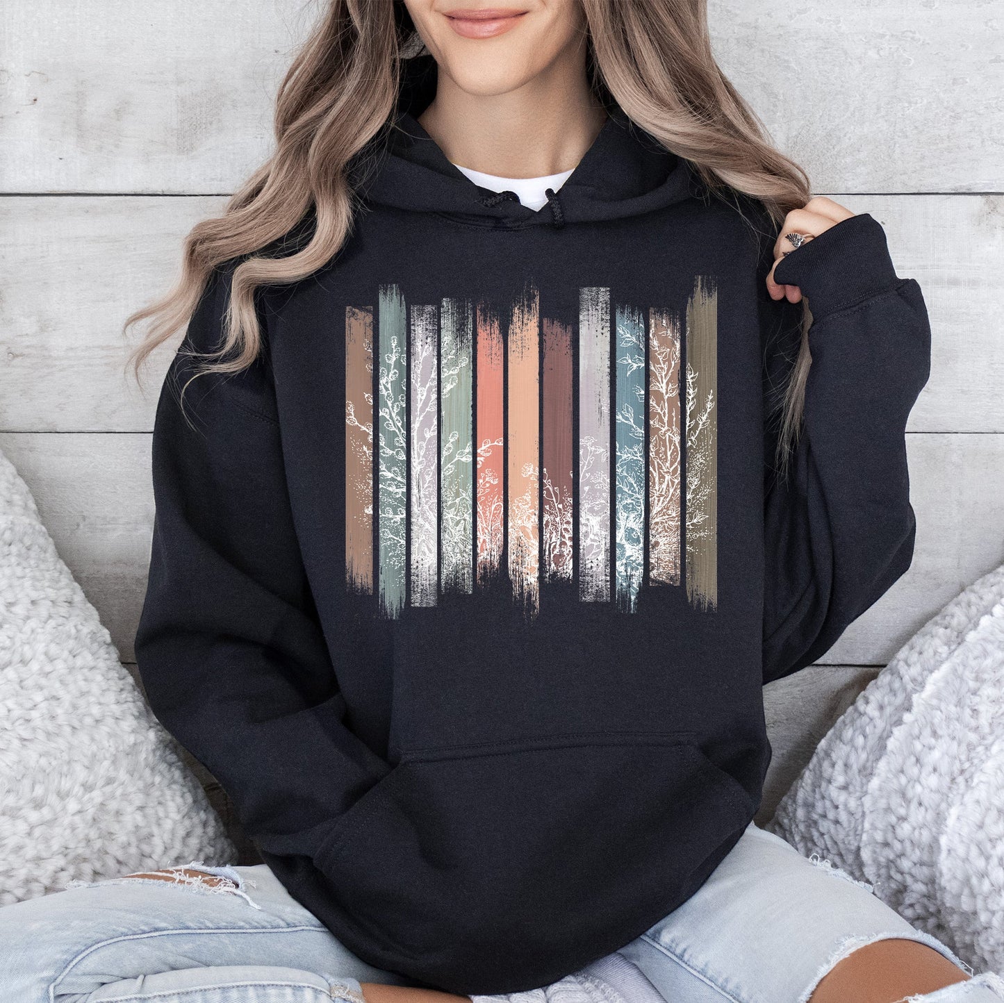 Meadow Vines, Flowers, Nature, Botanical Stripes Hoodie