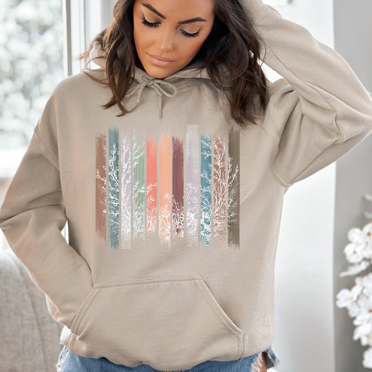 Meadow Vines, Flowers, Nature, Botanical Stripes Hoodie