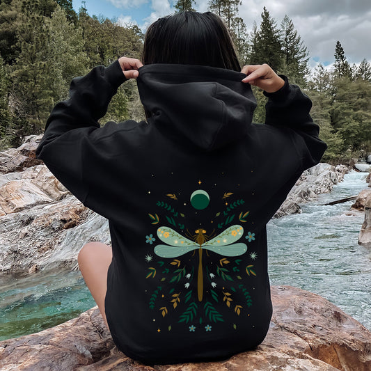Floral Night Sky, Dragonfly, Moon, and Blooms Hoodie