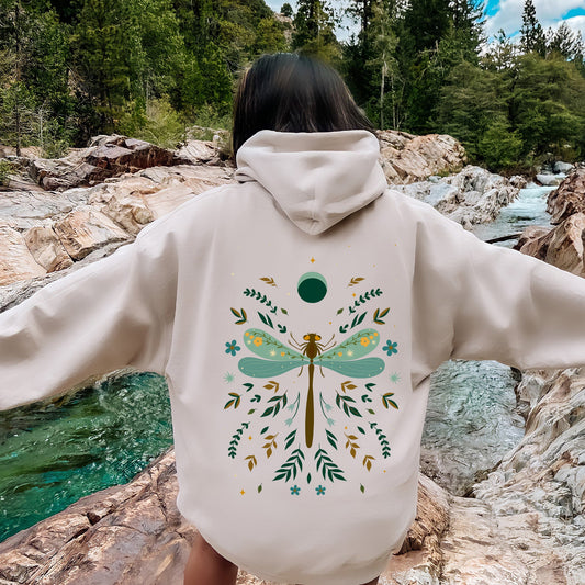 Floral Night Sky, Dragonfly, Moon, and Blooms Hoodie