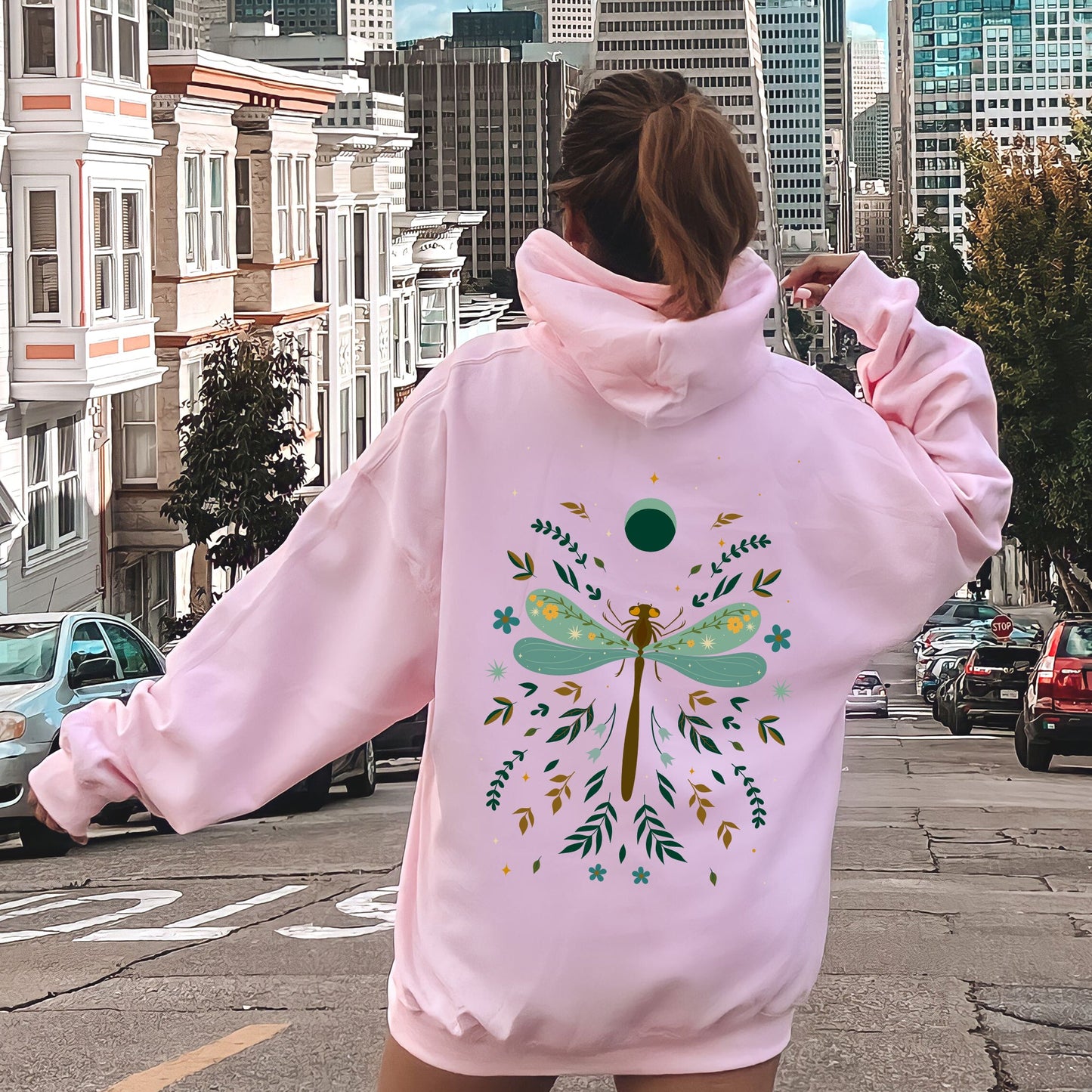 Floral Night Sky, Dragonfly, Moon, and Blooms Hoodie