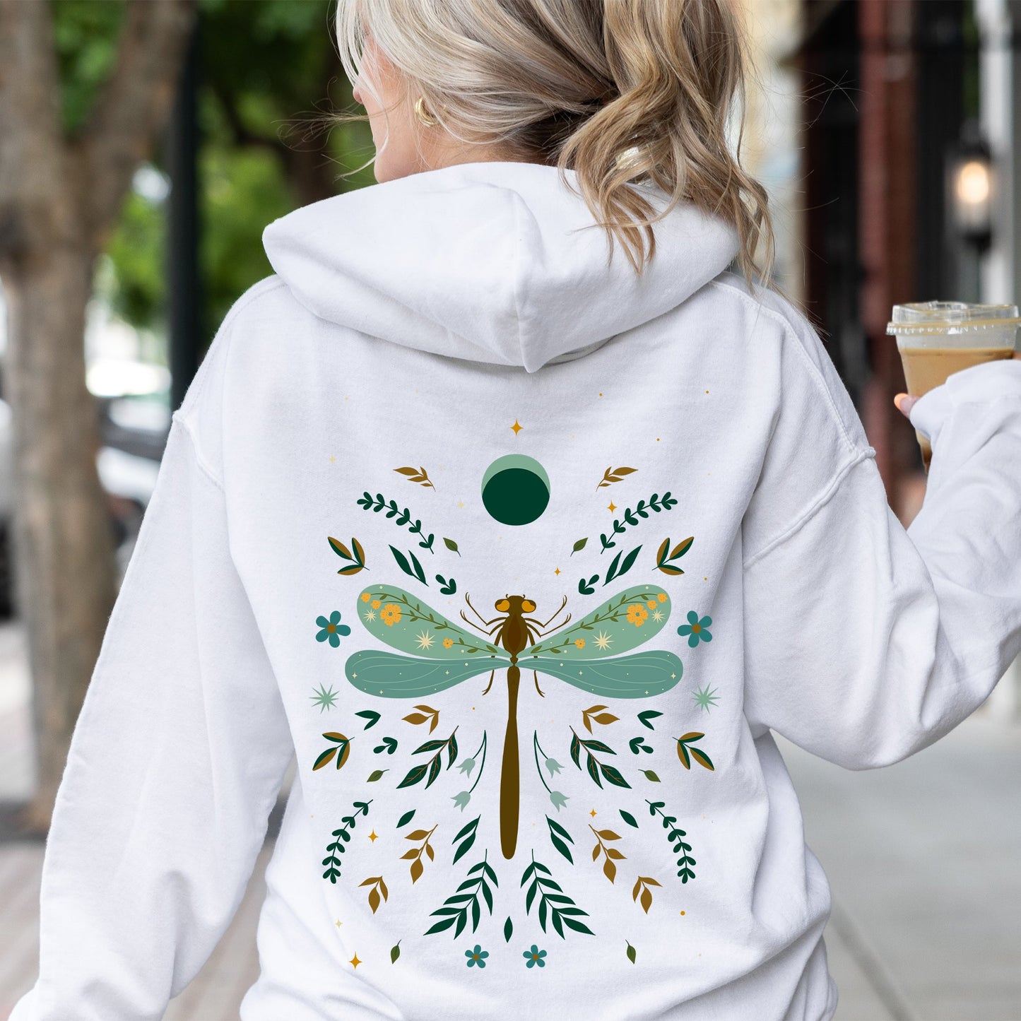 Floral Night Sky, Dragonfly, Moon, and Blooms Hoodie