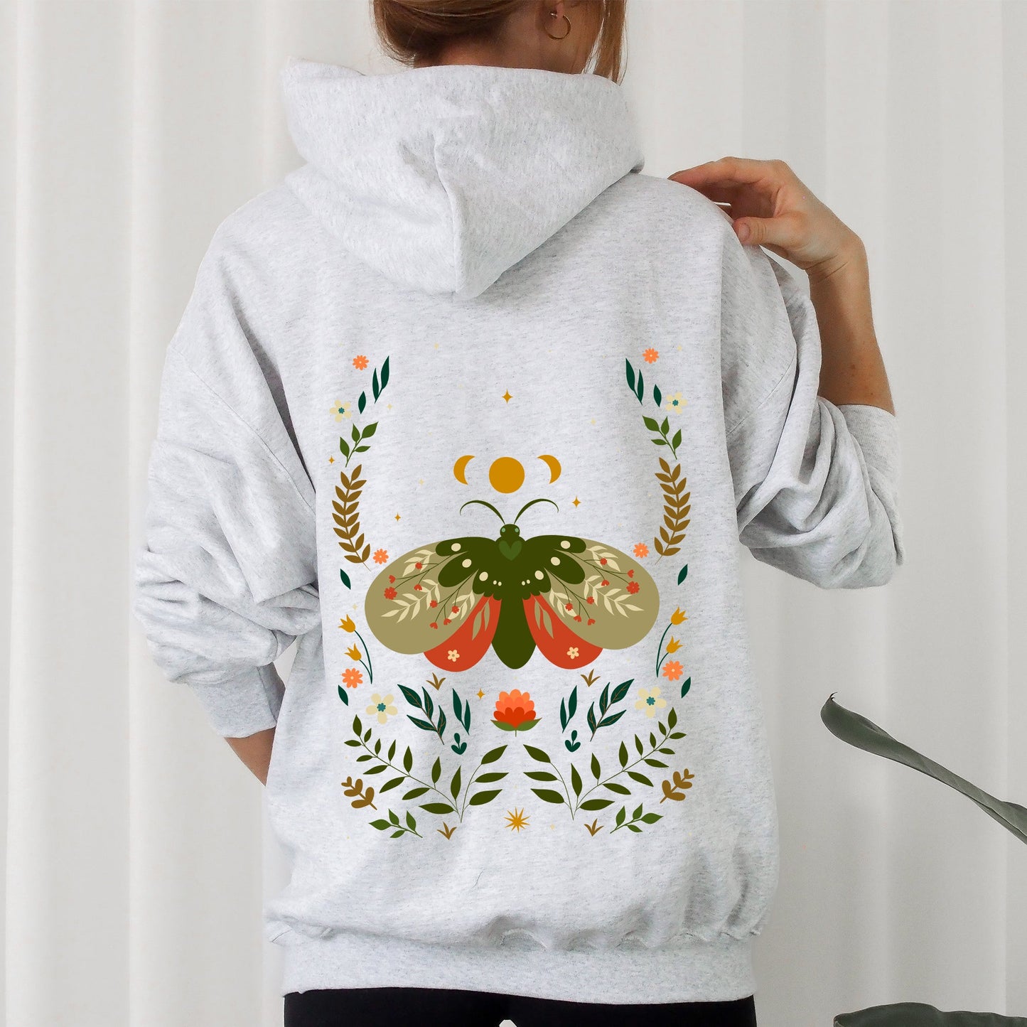 Midnight Garden Dance, Moth, Moon, and Floral Print Hoodie