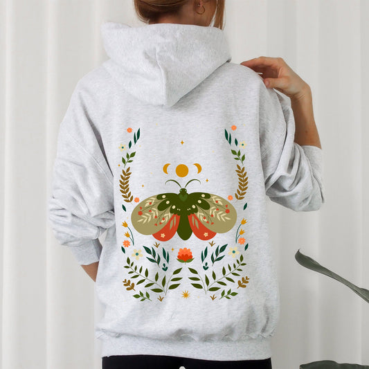 Midnight Garden Dance, Moth, Moon, and Floral Print Hoodie
