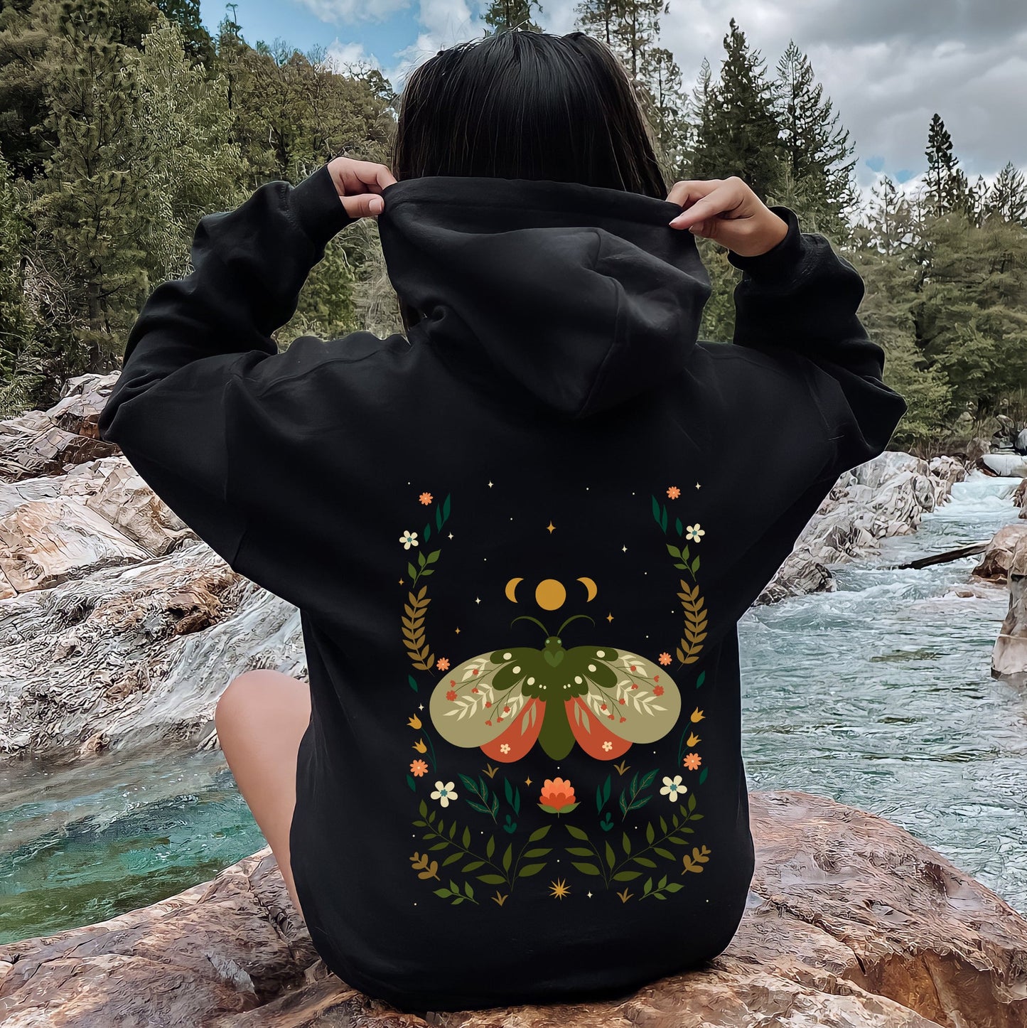 Midnight Garden Dance, Moth, Moon, and Floral Print Hoodie