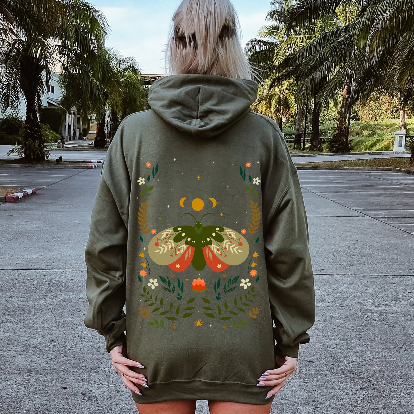 Midnight Garden Dance, Moth, Moon, and Floral Print Hoodie