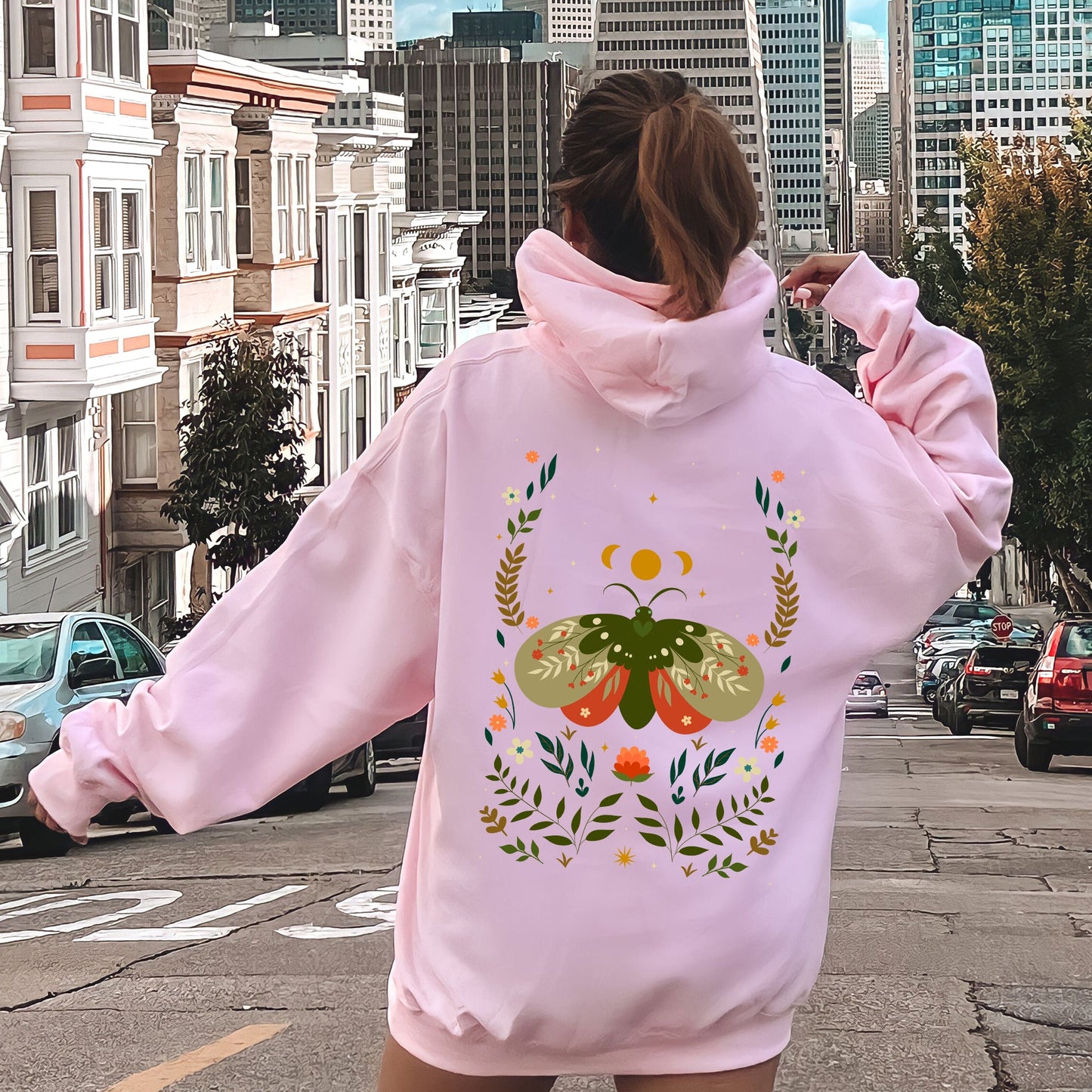 Midnight Garden Dance, Moth, Moon, and Floral Print Hoodie