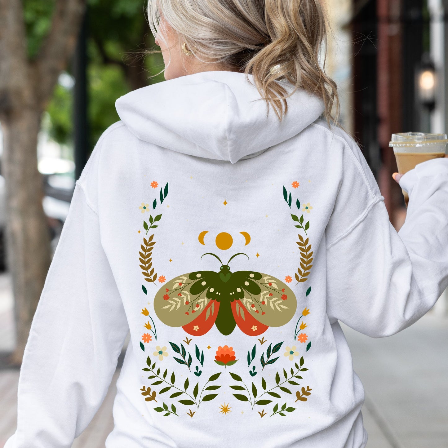 Midnight Garden Dance, Moth, Moon, and Floral Print Hoodie