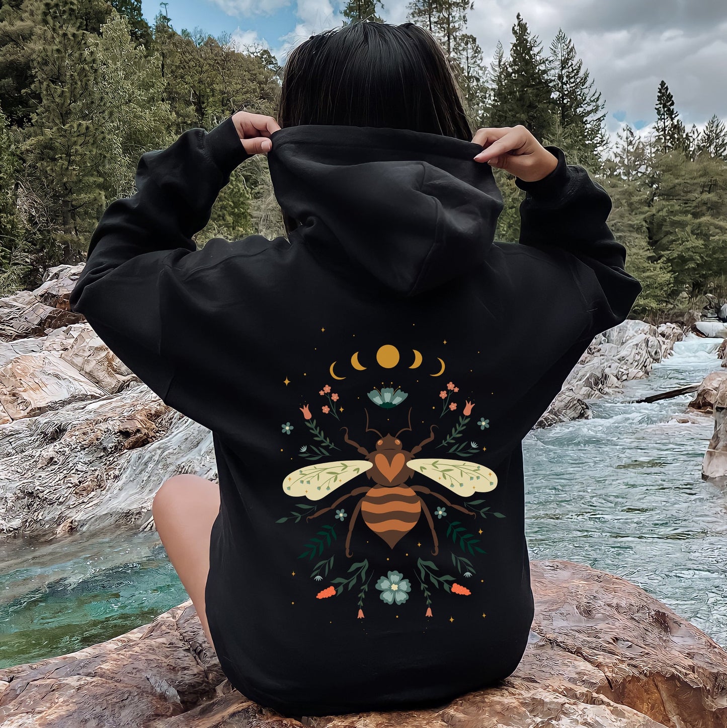 Honey Bee, Forest Moon, Botanical Design Hoodie