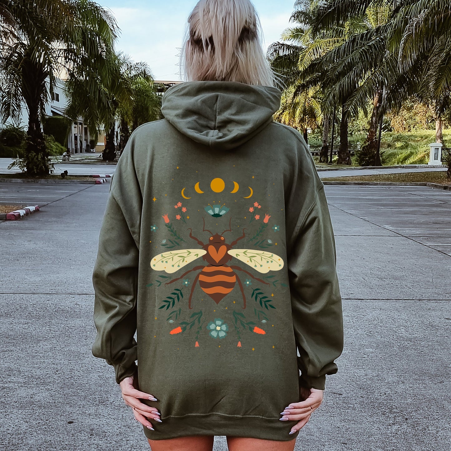 Honey Bee, Forest Moon, Botanical Design Hoodie