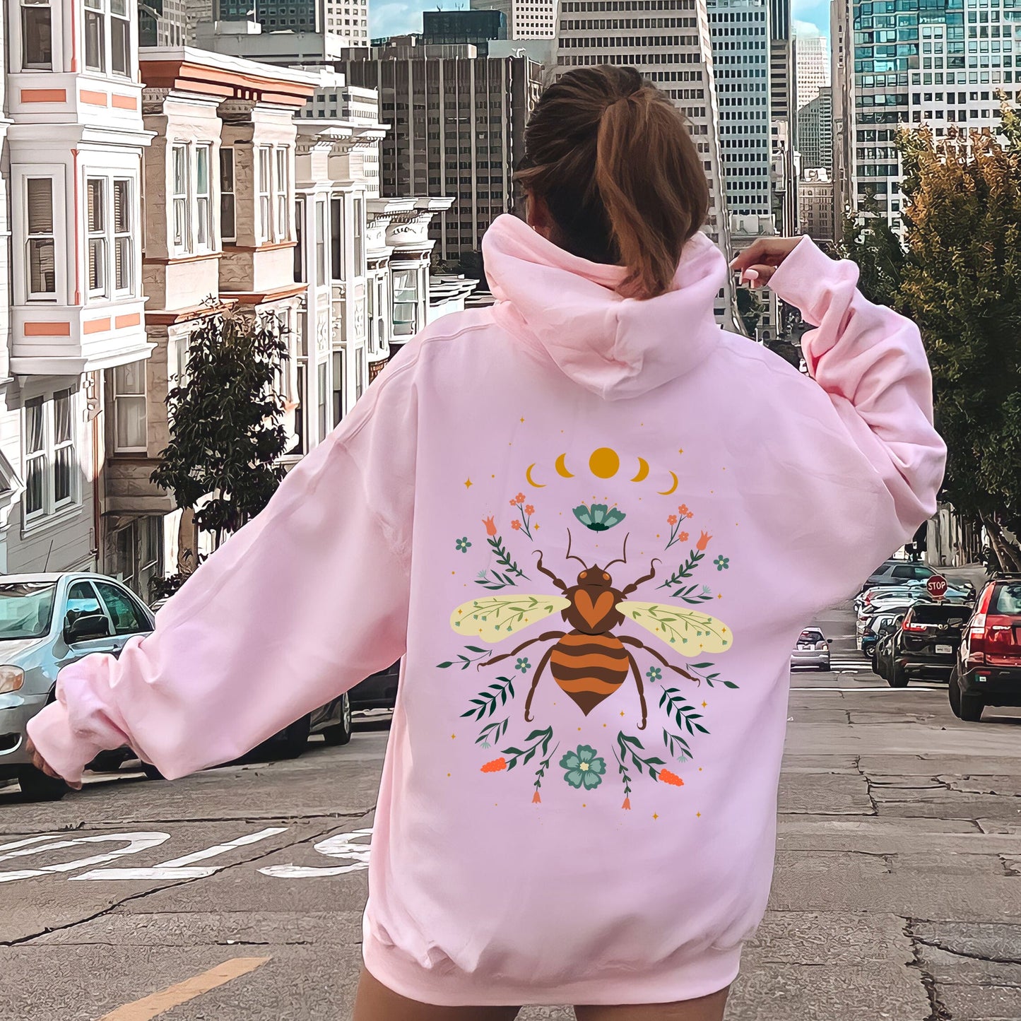 Honey Bee, Forest Moon, Botanical Design Hoodie