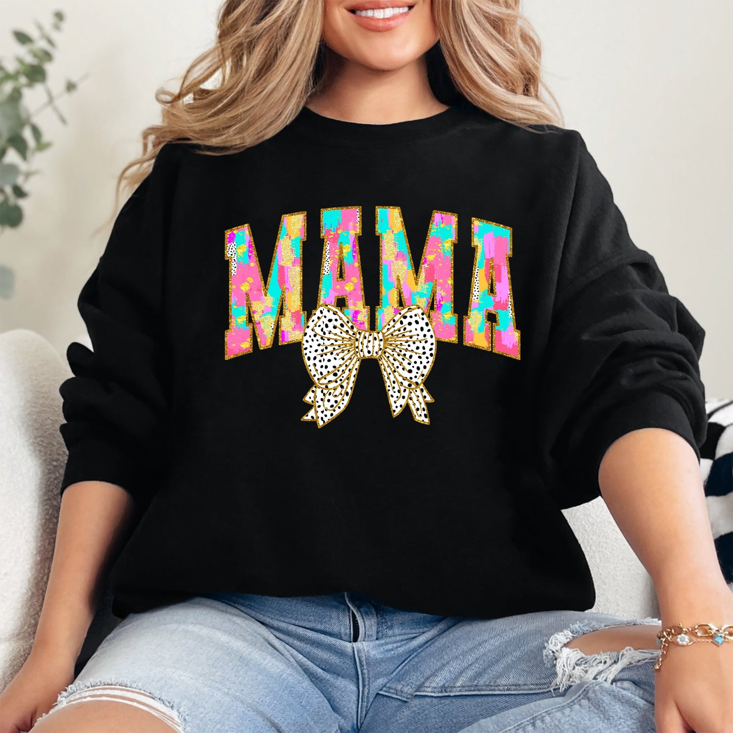 Painted Mama, Dalmatian Print, Bow, Ribbon, Coquette, Mother's Day Sweatshirt