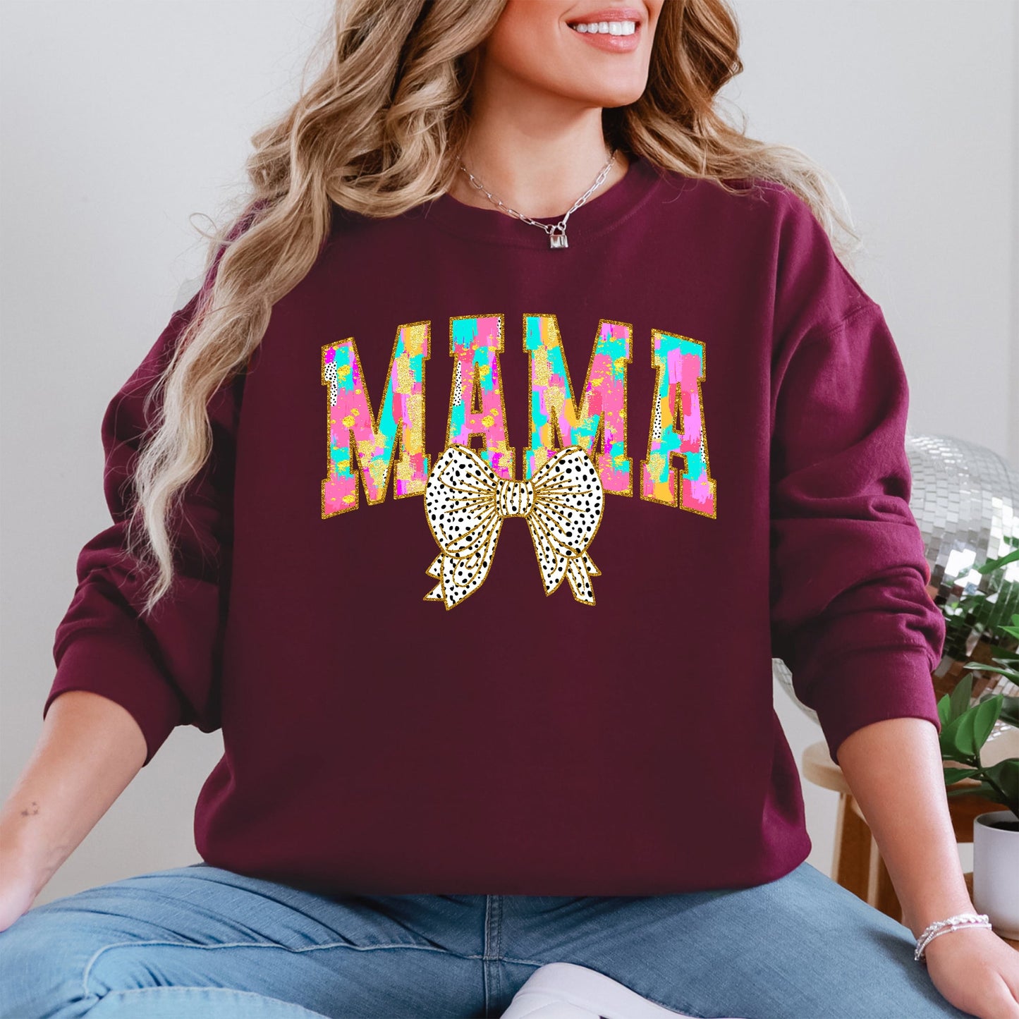 Painted Mama, Dalmatian Print, Bow, Ribbon, Coquette, Mother's Day Sweatshirt