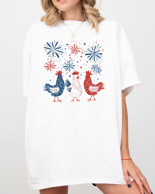 Patriotic Chickens, USA, America, Fireworks, Independence Day, 4th of July Shirt Comfort Colors T-Shirt