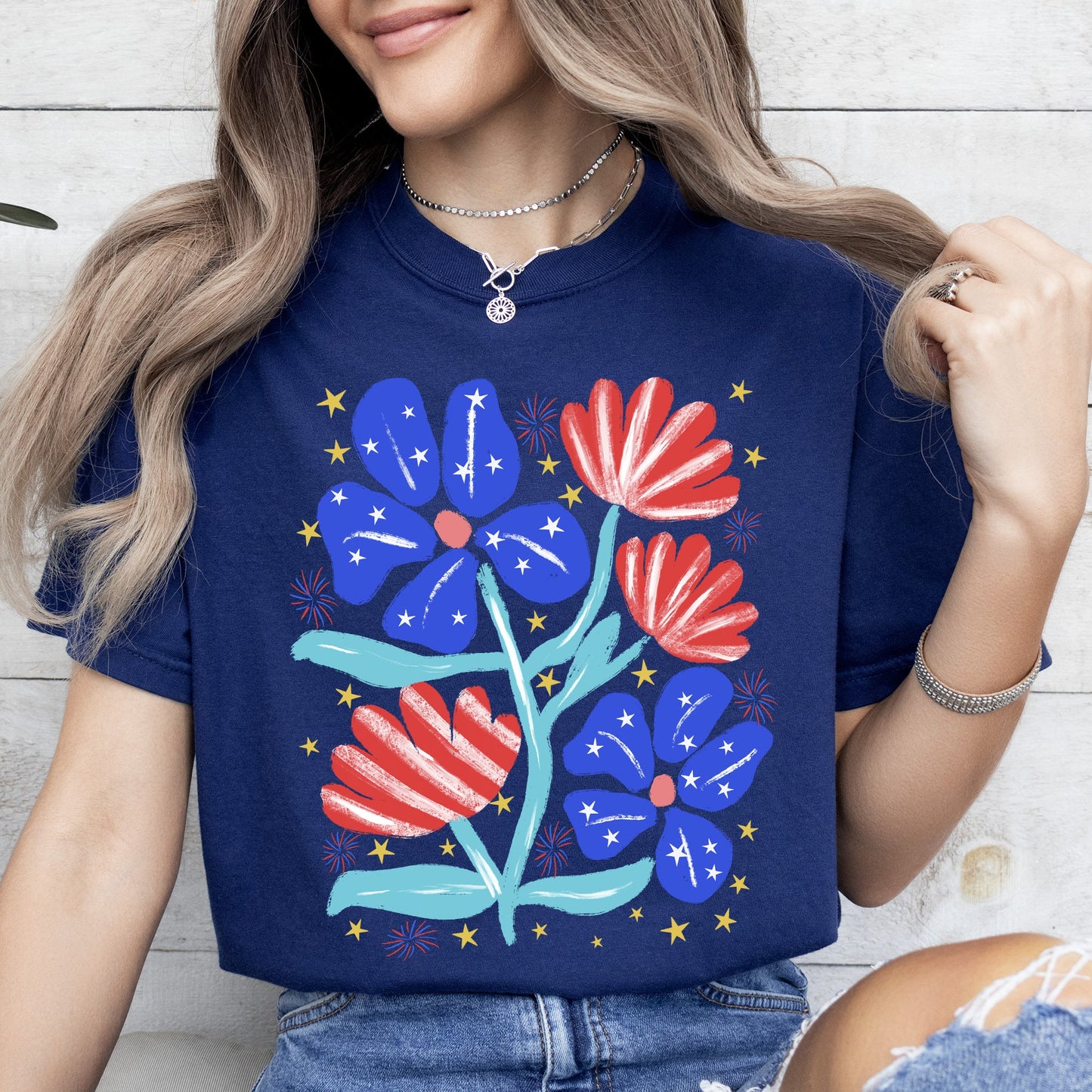 Patriotic Flowers, Red White Blue, America, USA, 4th of July Tshirt Comfort Colors T-Shirt