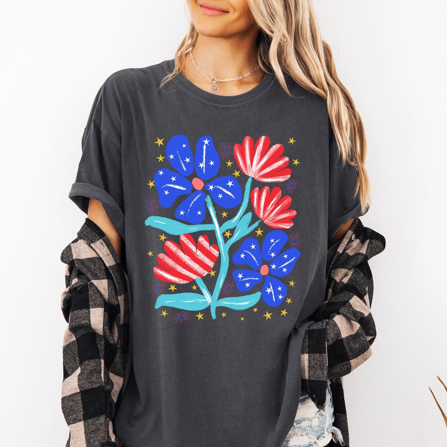 Patriotic Flowers, Red White Blue, America, USA, 4th of July Tshirt Comfort Colors T-Shirt