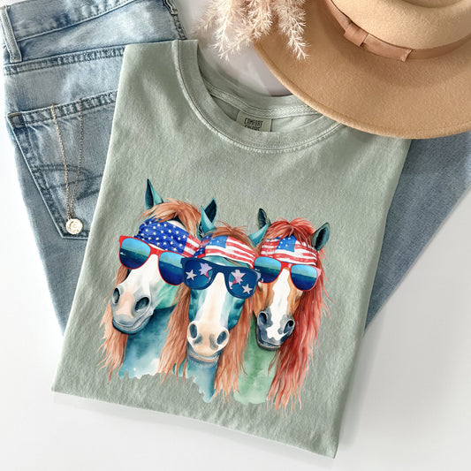 Patriotic Horses, Hippie Funny, Patriotic 4th of July Tshirt Comfort Colors T-Shirt